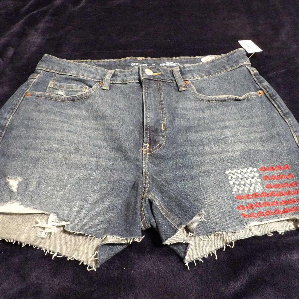 Old Navy High Rise O.G. Straight Denim Shorts Embroidered FLAG Raw edge Sz 12